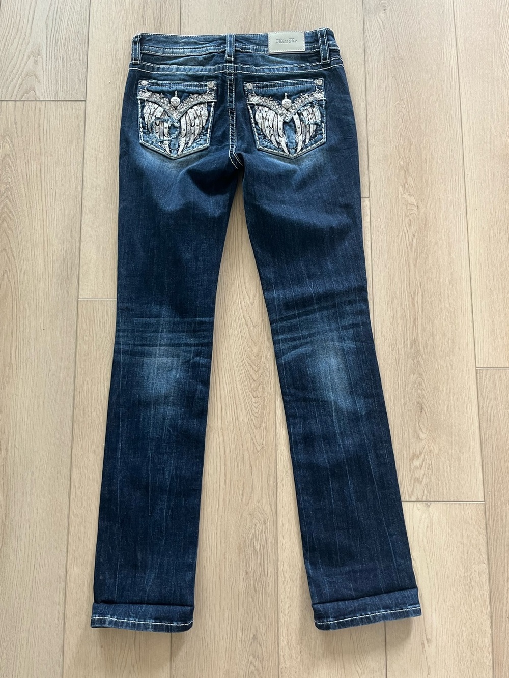 Miss Me Low Rise Straight Jeans Dark Wash Western Embellished Women’s 28x32